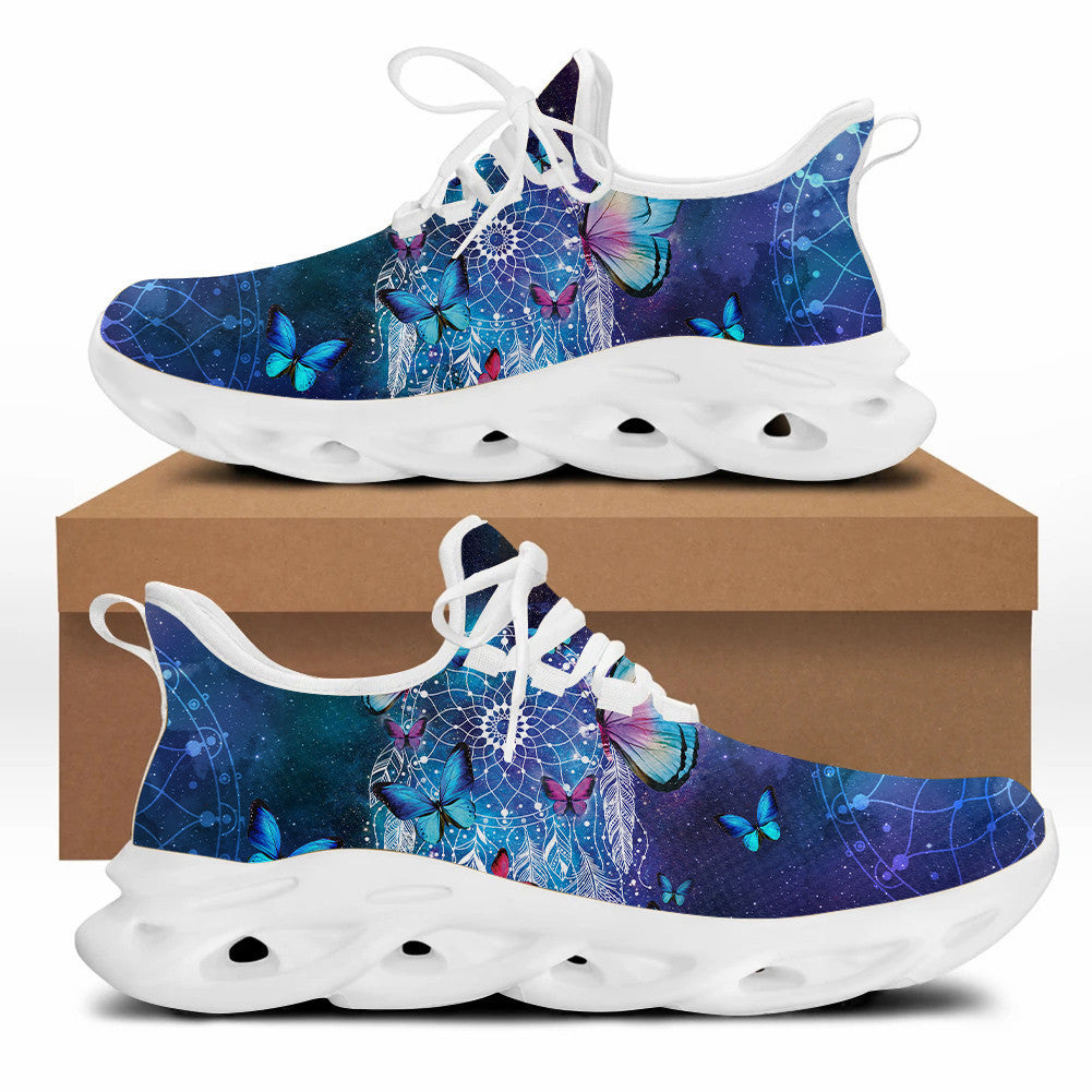 Unisex blade-sole sneakers, blue dreamcatcher and butterfly print, white laces, white sole