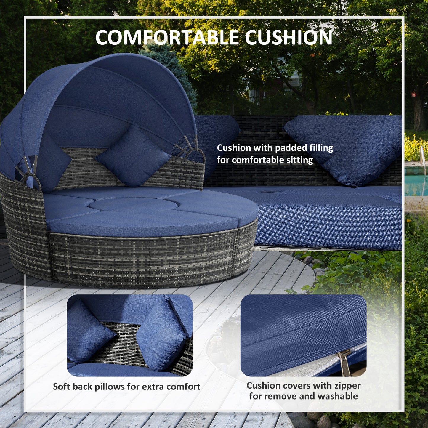 4-Piece Rattan Outdoor Sunbed & Sofa Set with Canopy - Dark Blue