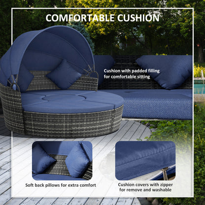 Rattan sunbed with padded dark blue cushions and removable-washable pillow covers