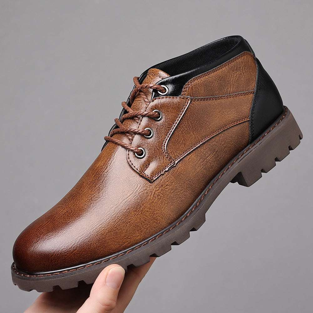 Brown lace-up ankle boots with black collar and eyelet lacing, chunky rubber sole