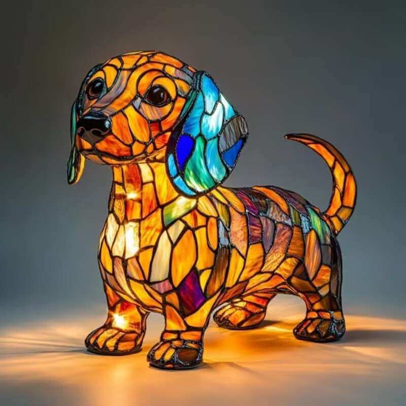 Colorful dog-shaped lamp with orange and blue mosaic finish, standing posture with head turned