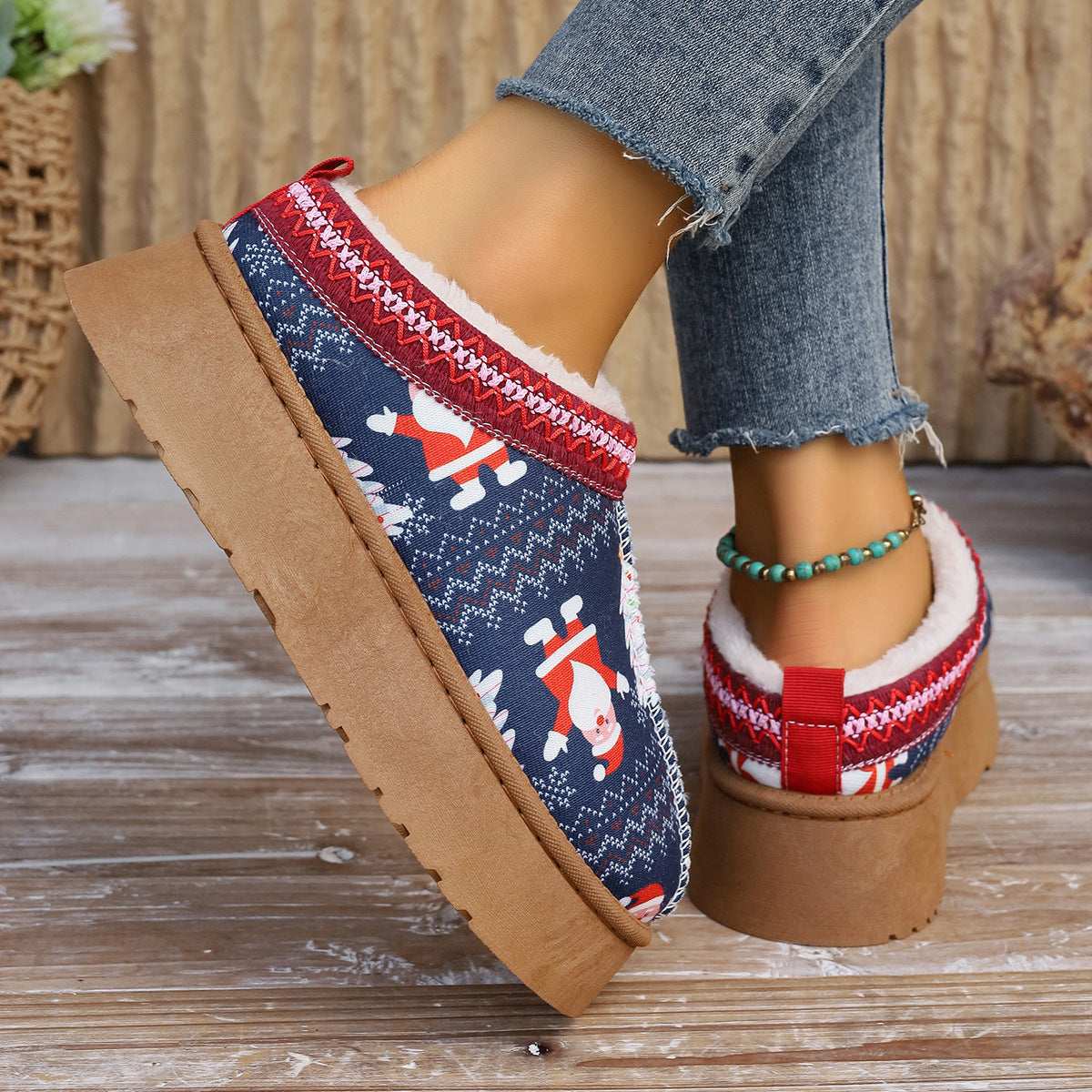 Women's Christmas Ankle Boots – Plush Lined Slip-On Winter Shoes Women's Cartoon Christmas Print Ankle Bo | Ectron Online