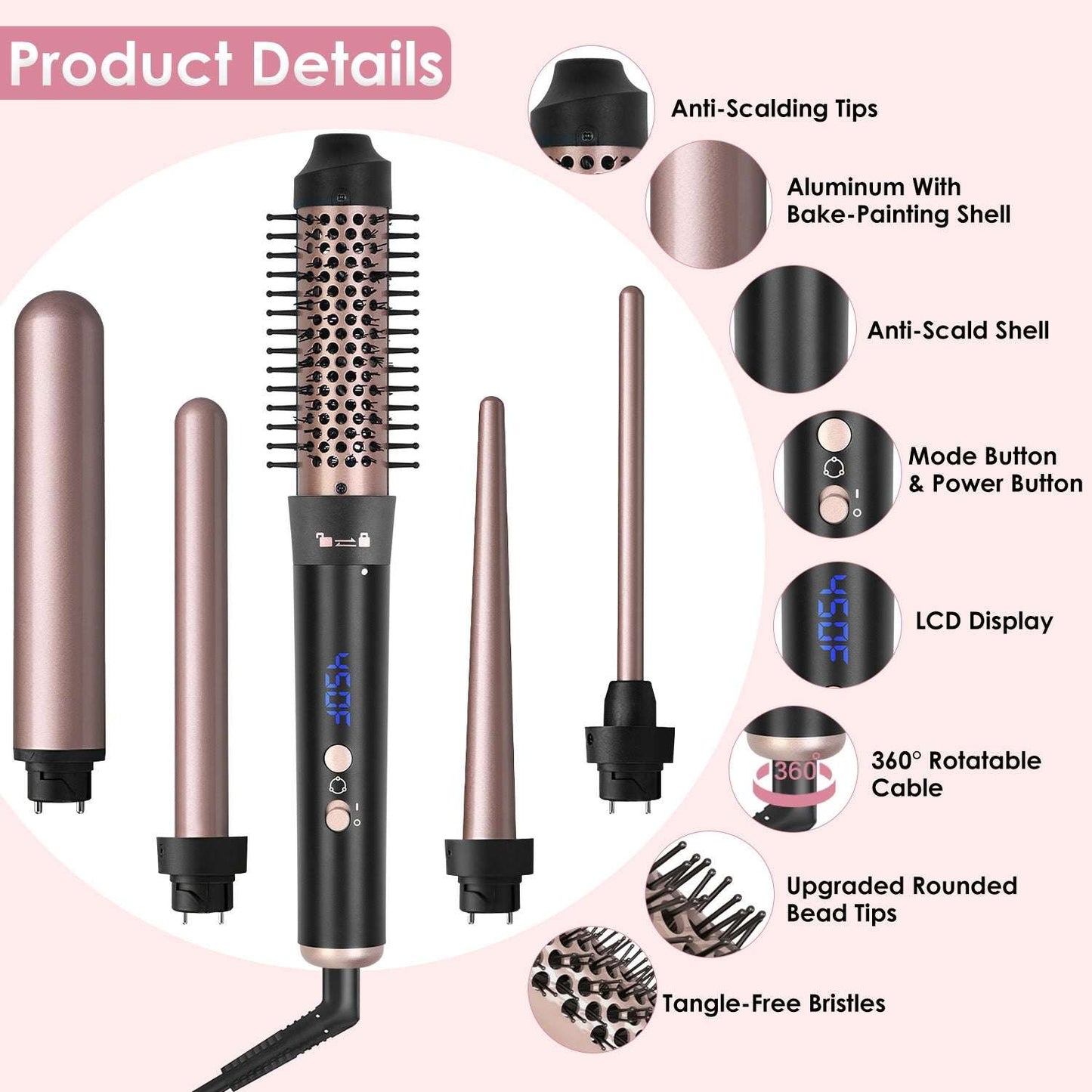 5-in-1 Curling Wand & Thermal Brush Set - Anti-Tangle Hair Curler 2 Type Options--1Pc 5 In 1 Curling Wand | Ectron Online