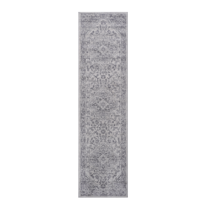 Silver traditional runner rug with vertical panel design and ornate medallion motifs