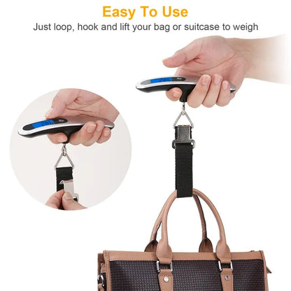 Portable luggage scale held in hand with hook and black strap