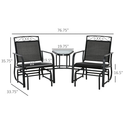 Black patio double glider set layout with two chairs and round coffee table
