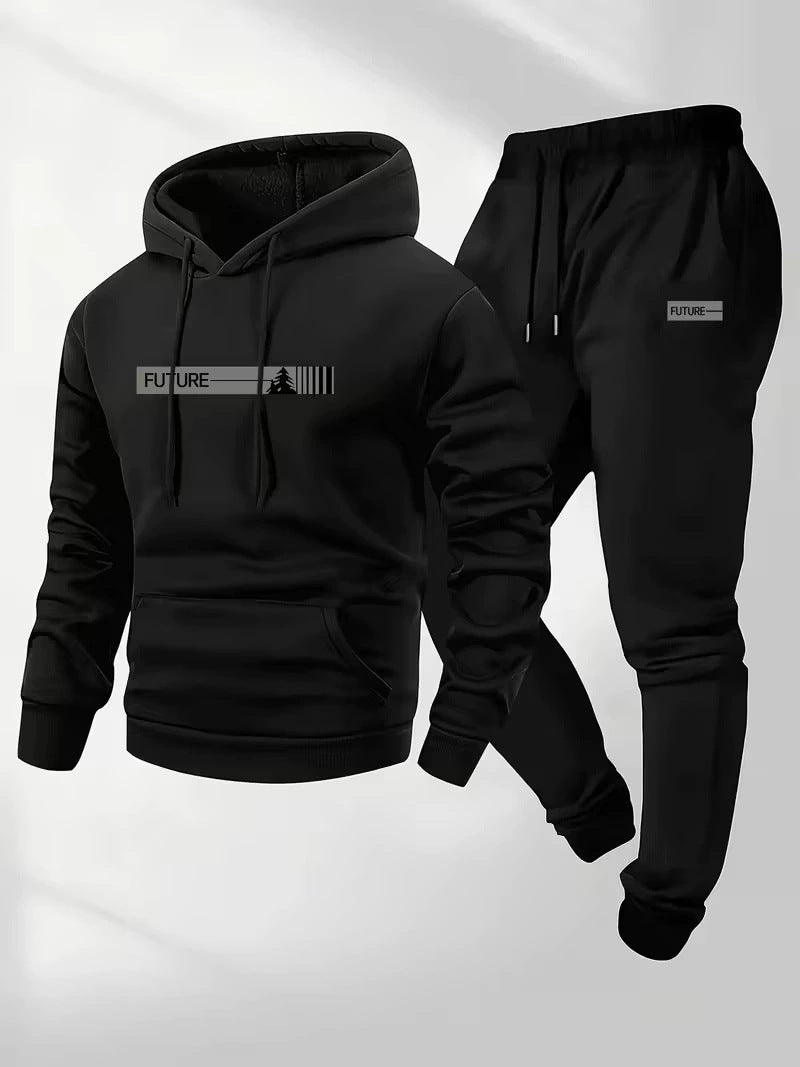 Men's loose-fit hoodie and pants set, black hoodie with drawstring hood and front pocket, black joggers