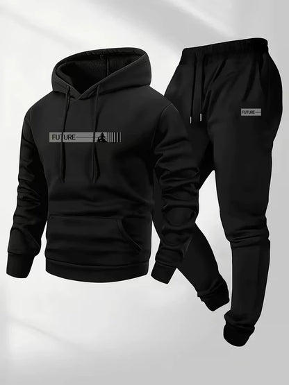 Men's loose-fit hoodie and pants set, black hoodie with drawstring hood and front pocket, black joggers