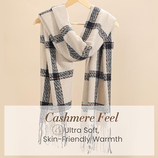 Plaid scarf wrap on hanger, beige with dark checks and fringed trim