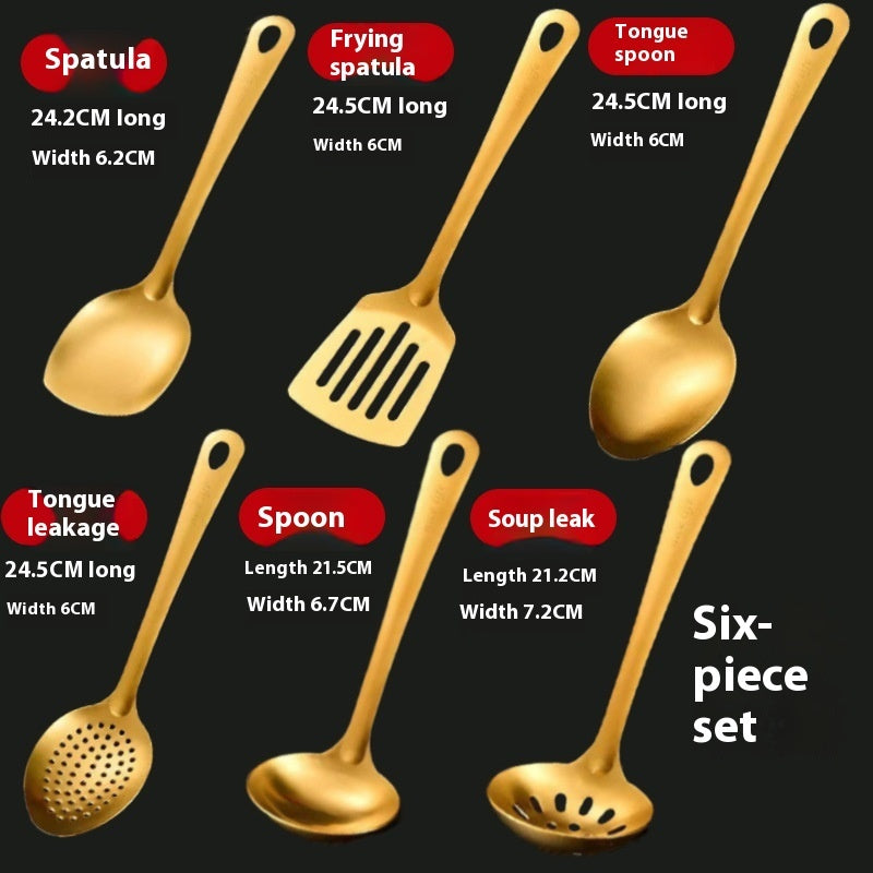 Set of six gold kitchen utensils with labels and measurements on a black background