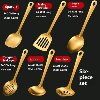 Set of six gold kitchen utensils with labels and measurements on a black background