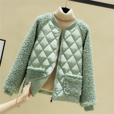Thick cotton-padded jacket, light green diamond-quilted padding with zip front
