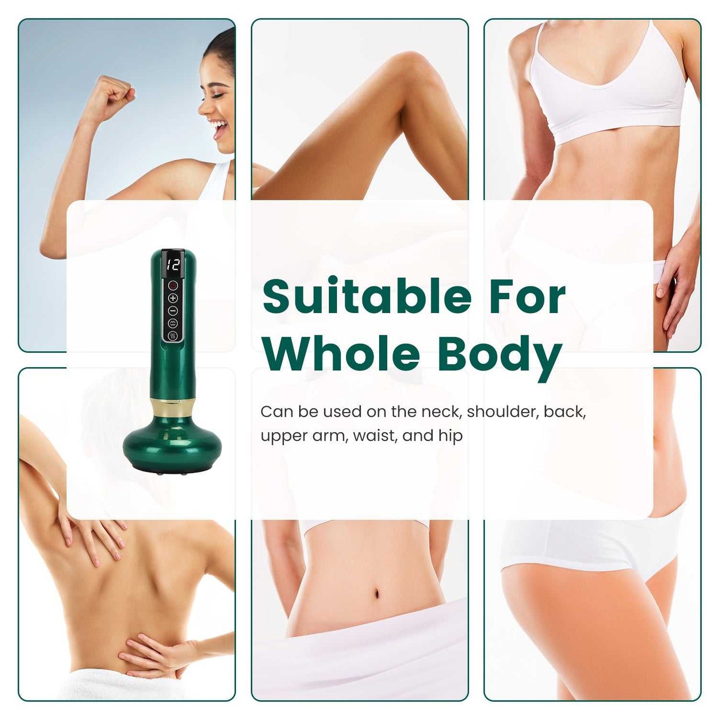 Green handheld vacuum massager with control panel, shown for full-body use