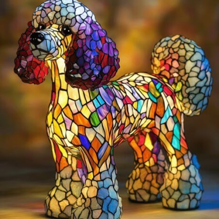 Colorful dog-shaped lamp with multicolor mosaic finish, standing dog with curled tail