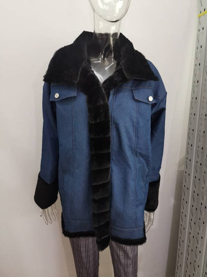 Women's Fur-Lined Denim Long Coat | Luxury Jean Overcoat with Fur Ladies Fur One Denim Long Long Sleeve Co | Ectron Online