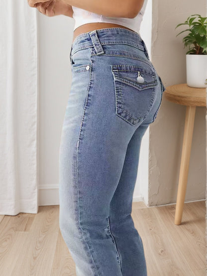 Light blue high-waisted wide-leg jeans, back pockets and belt loops visible