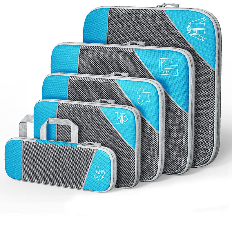 Luggage organizer set with multiple compression bags and shoe bags, blue and dark gray