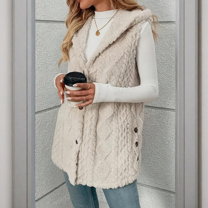 Women's Textured Hooded Vest | Button-Front Fall Layering Piece Women's Textured Sleeveless Hooded Vest, | Ectron Online