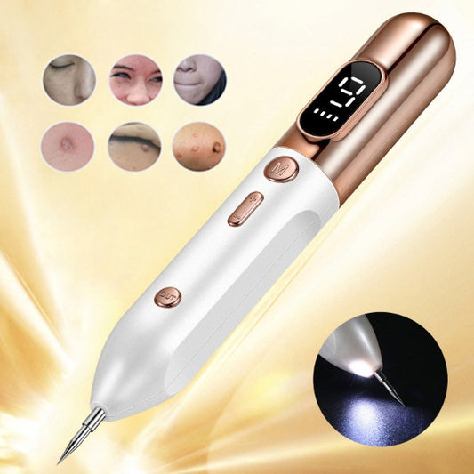 Beauty device with digital display on a gold background