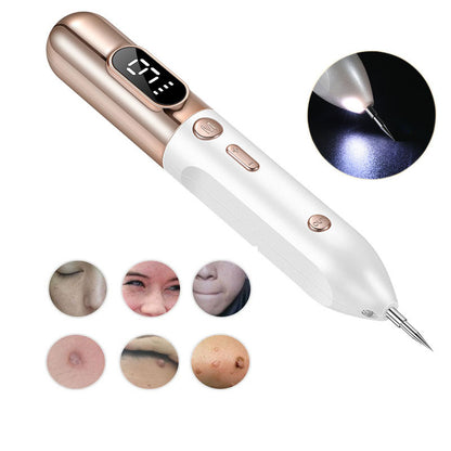 Beauty pen with digital display and LED light, surrounded by skin condition images on a white background.
