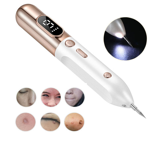 Beauty pen with digital display and LED light, surrounded by skin condition images on a white background.