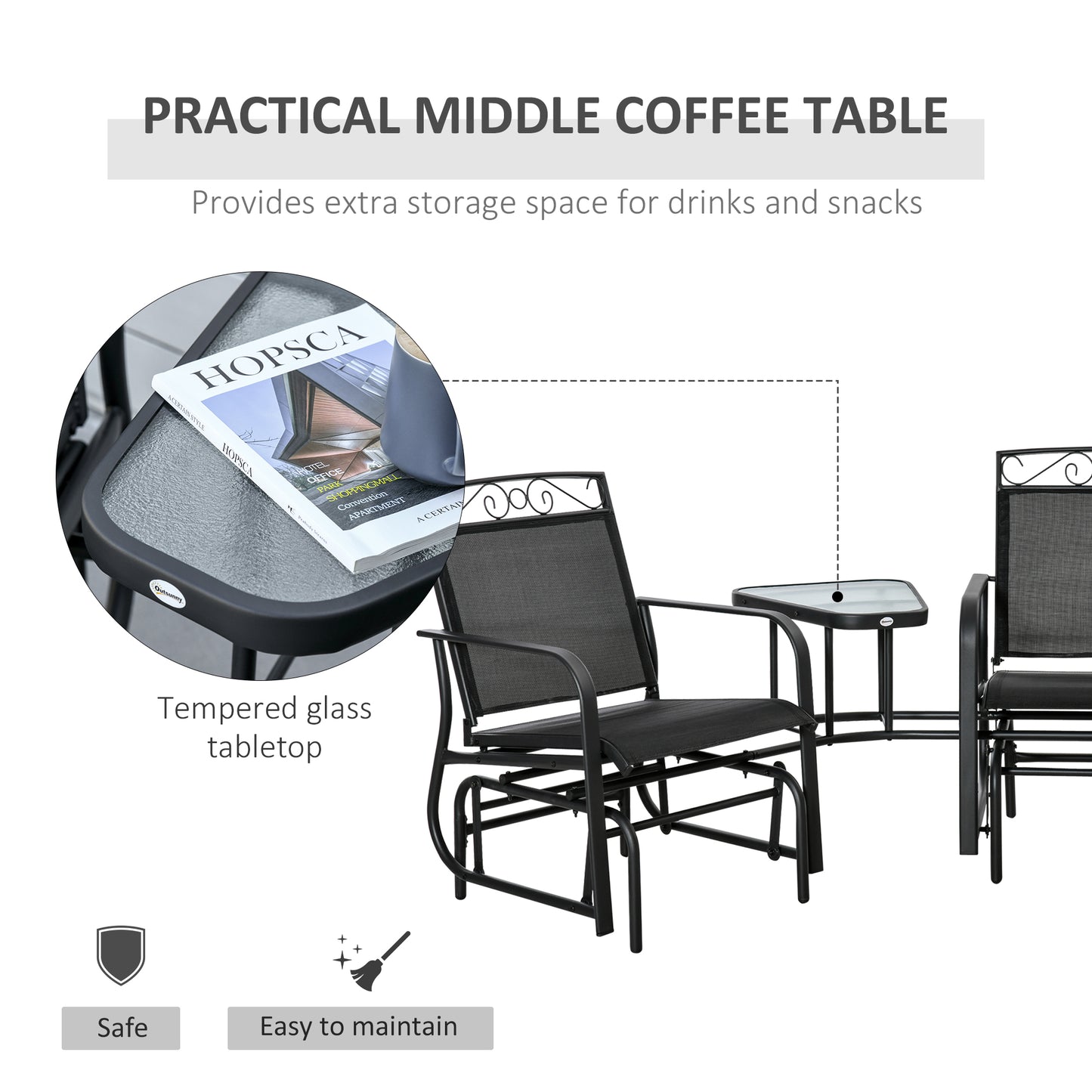 Outdoor Glider Chairs with Coffee Table - 2-Seat Patio Swing Set