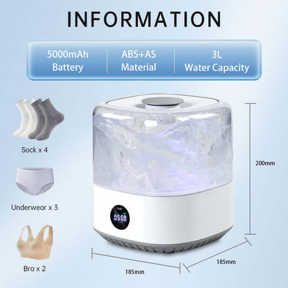 Mini cordless portable washer with transparent drum and size layout diagram