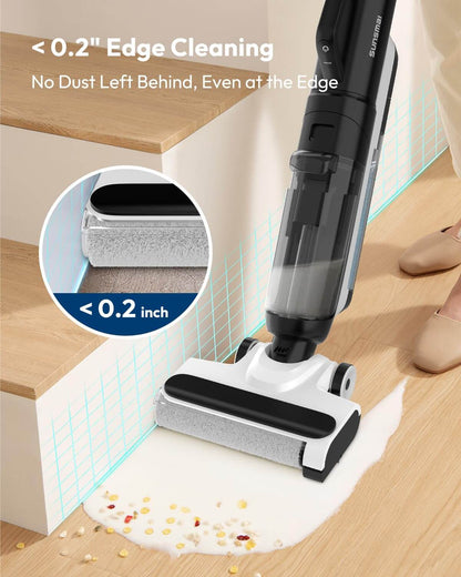 Upright wet dry vacuum mop with edge-cleaning base and gray mop pad