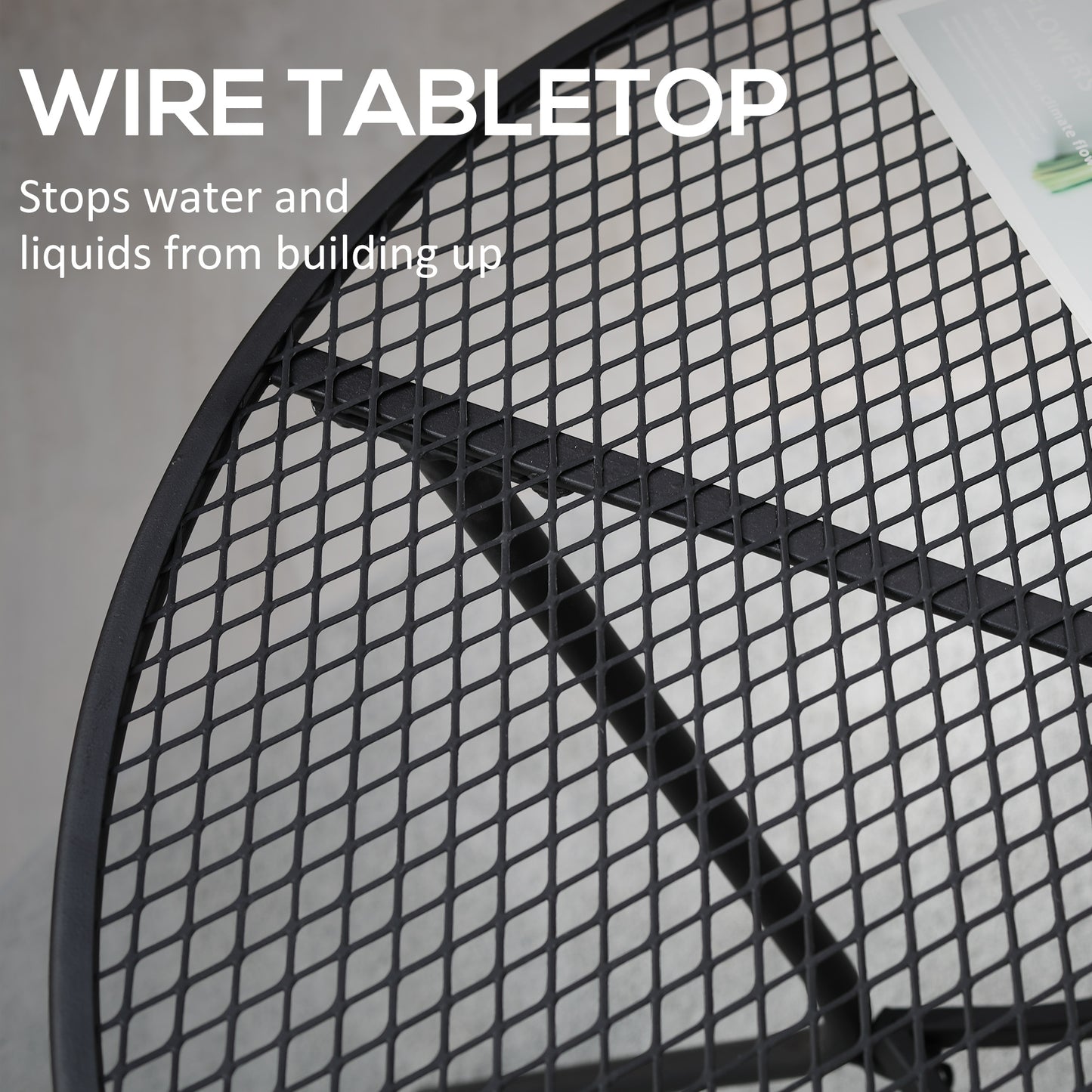 Black wire tabletop mesh with raised grid pattern on a round bistro table