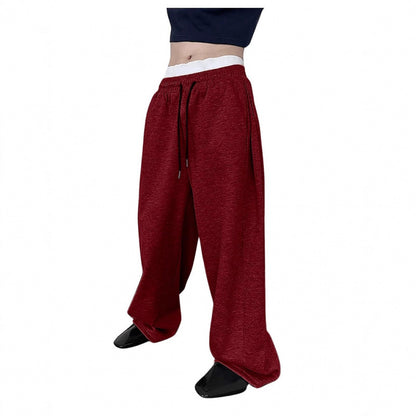 Men's red sweatpants with elastic waist and drawstring, loose straight fit