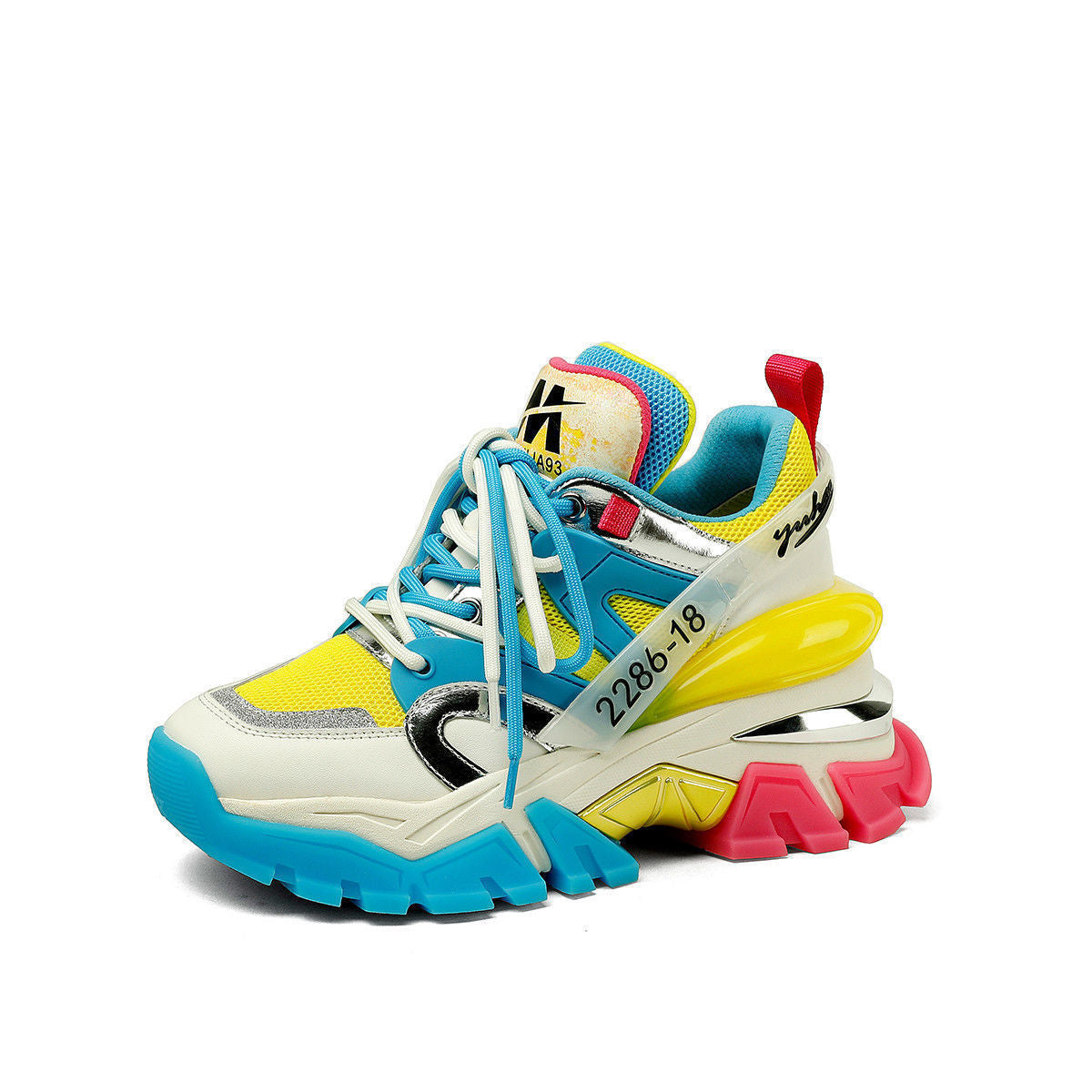 Women's student sneakers, light blue and yellow with chunky multicolor sole