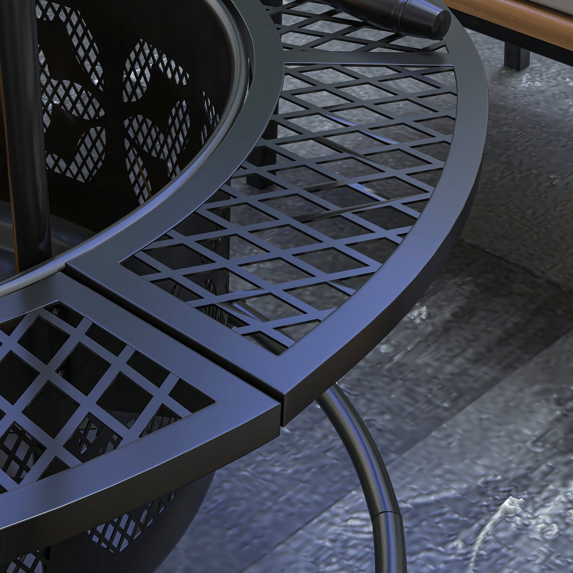 Black curved fire pit base with diamond-pattern mesh grate on three supports