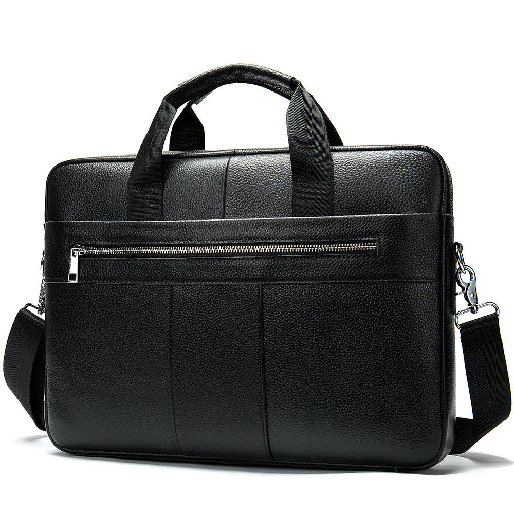 Black leather briefcase front view with long zipper pocket and stitched center panel