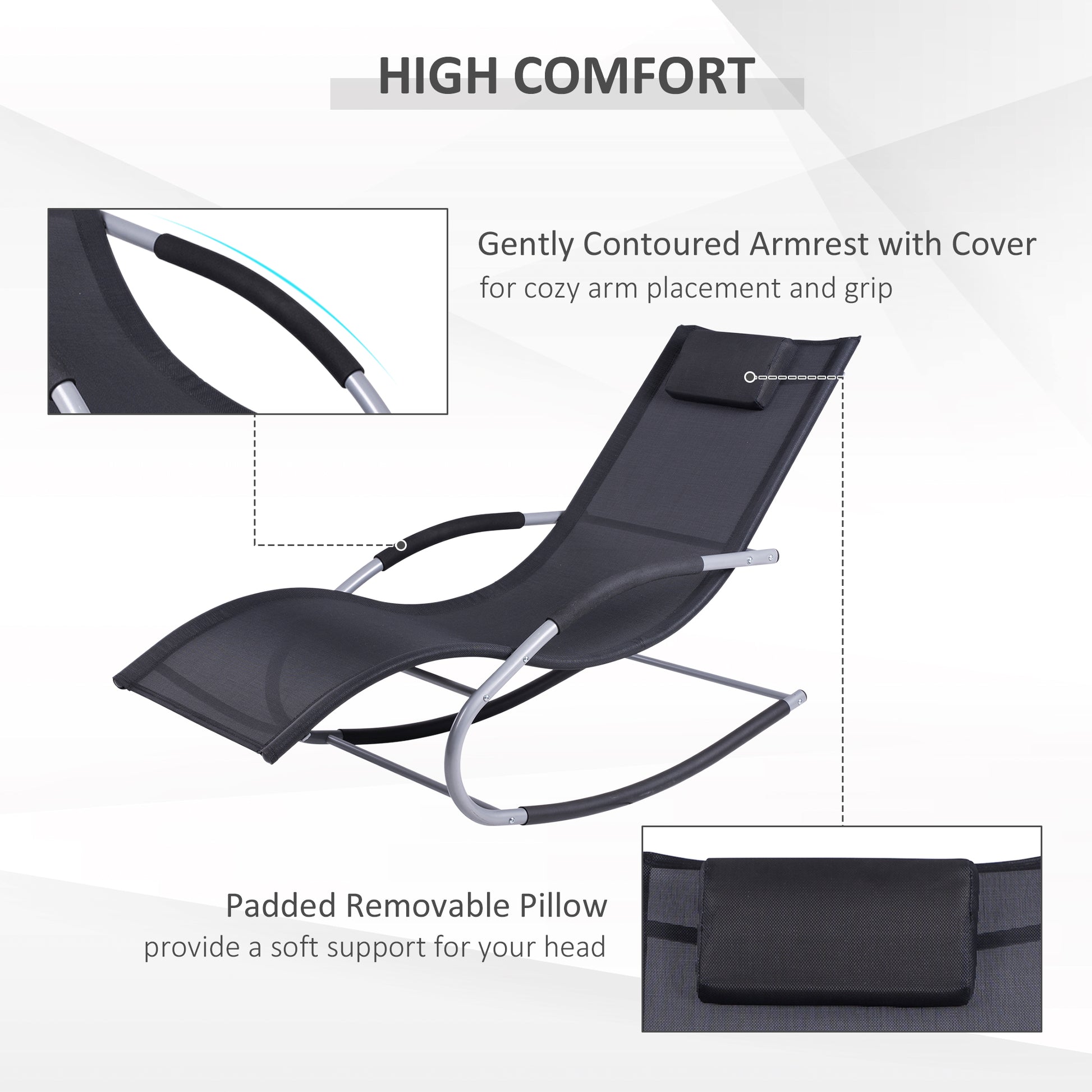 Black rocking lounge chair with contoured covered armrests and padded removable head pillow