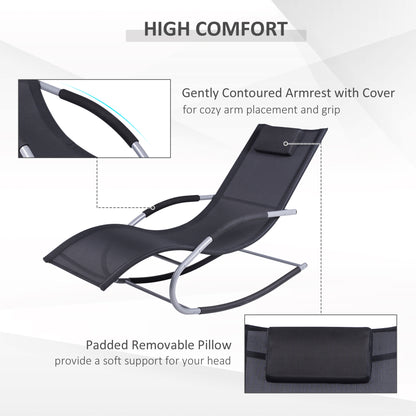 Black rocking lounge chair with contoured covered armrests and padded removable head pillow
