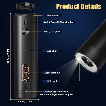 Black rechargeable electric pepper grinder with side window, LED light, and charging port