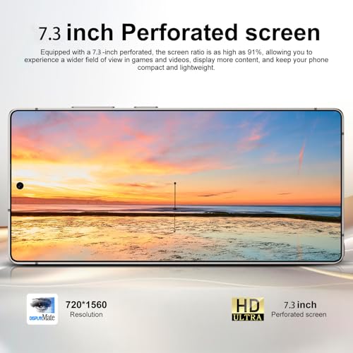 Unlocked smartphone with 7.3-inch perforated display and slim front bezel, landscape view