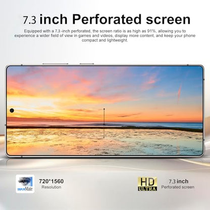 Unlocked smartphone with 7.3-inch perforated display and slim front bezel, landscape view