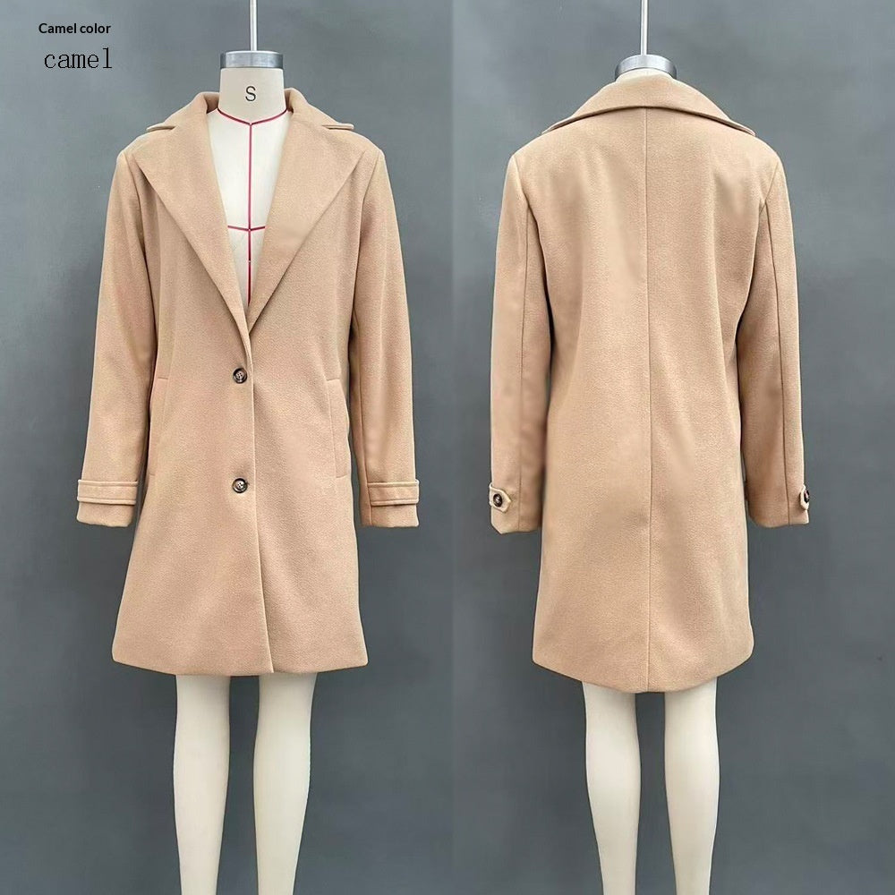 Camel mid-length lapel coat on mannequin, single-breasted button front