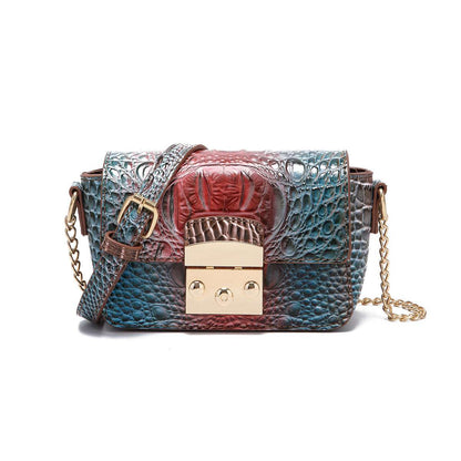 Multi-color croc-textured one-shoulder crossbody bag with flap and gold lock