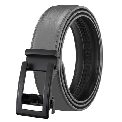Men's Leather Belt Automatic Buckle Two-layer Cowhide Hollow with sleek black buckle and gray leather.