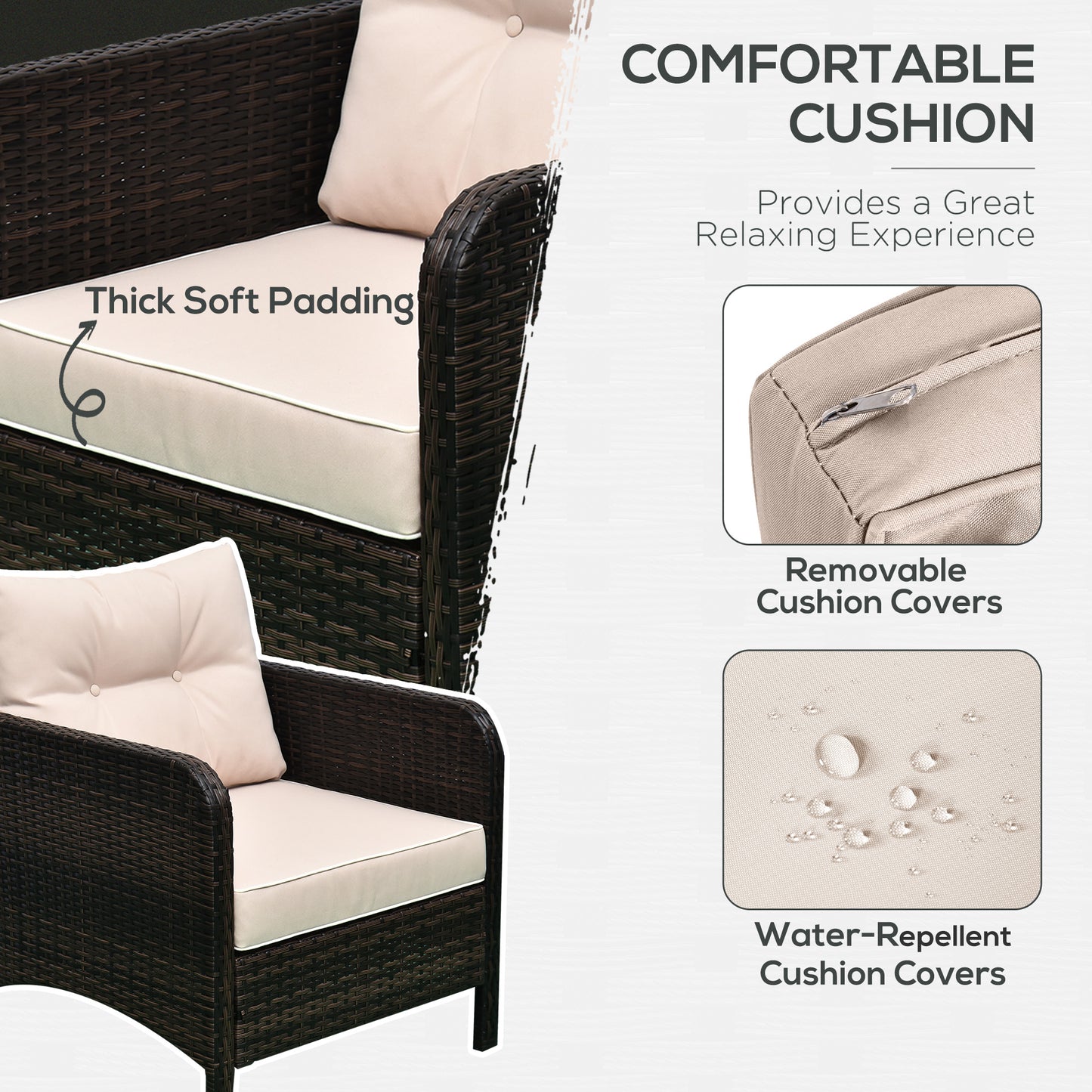 Wicker armchair with thick beige cushion and removable cover, dark frame