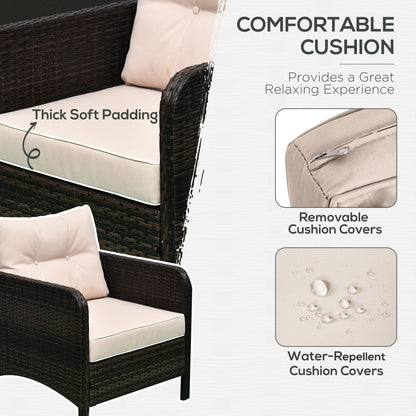 Wicker armchair with thick beige cushion and removable cover, dark frame
