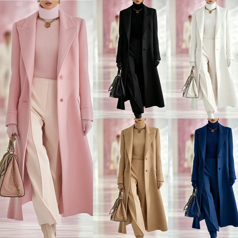Women’s mid-length wool coat, light pink, notched lapels, button front, side pockets
