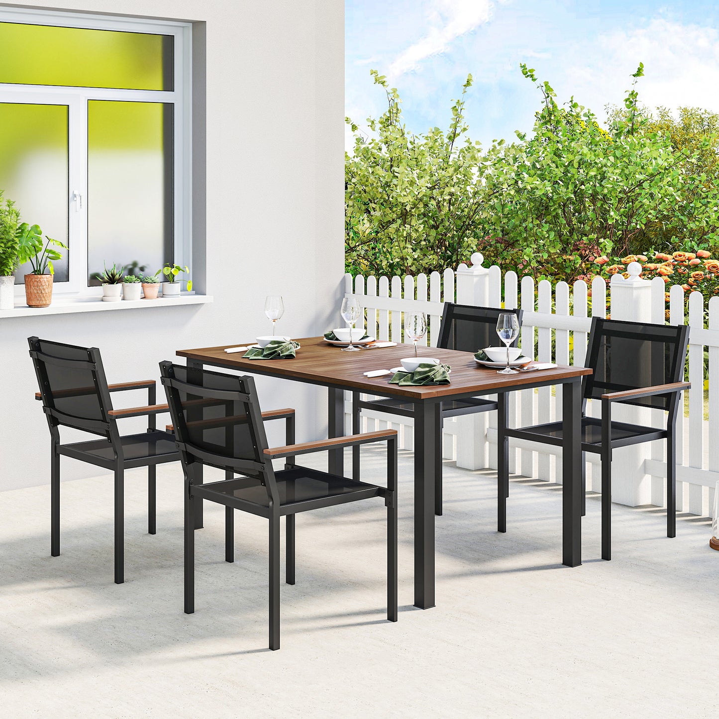 4-Person Outdoor Dining Set | 59" Acacia Wood Table & Stackable Chairs