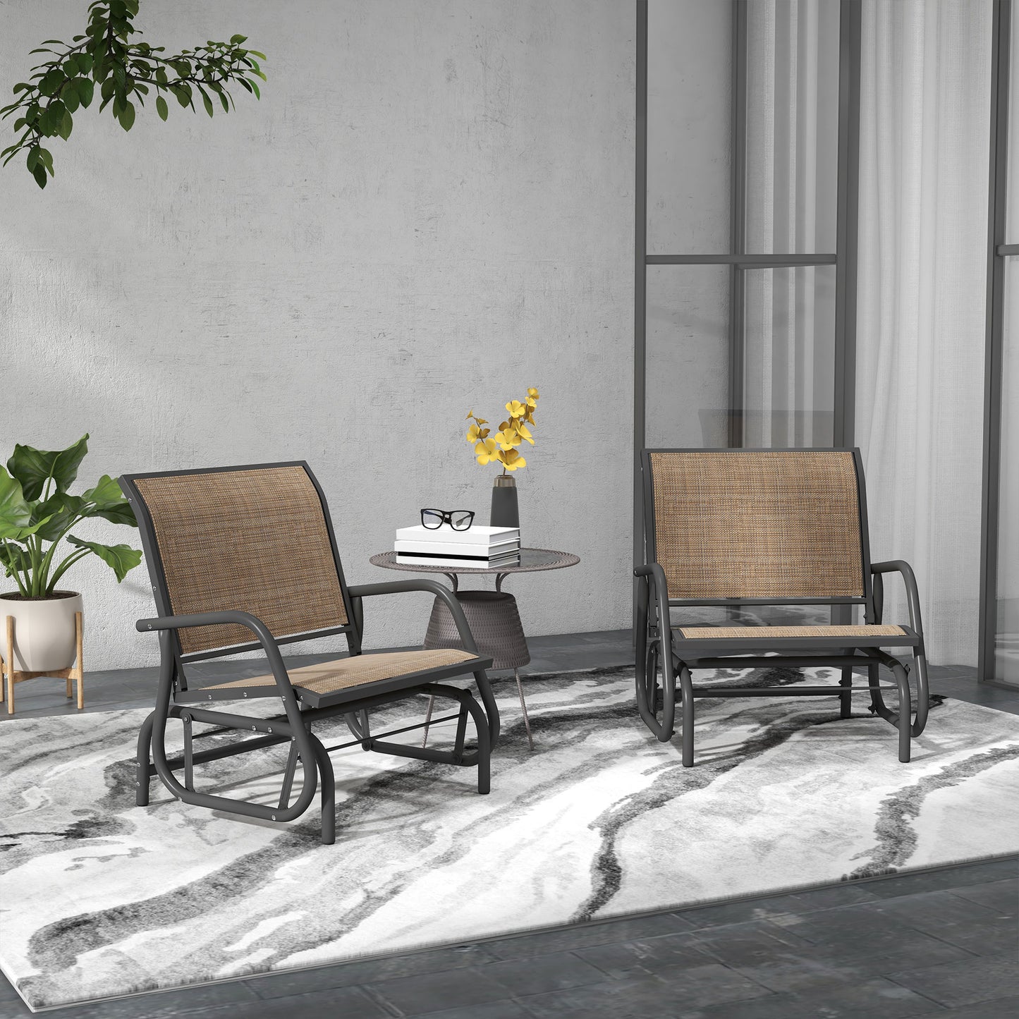 Outdoor steel glider chair set with black rocker base and tan woven seat cushions