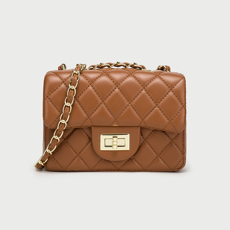 Brown quilted mini messenger bag with gold chain strap and front flap square clasp