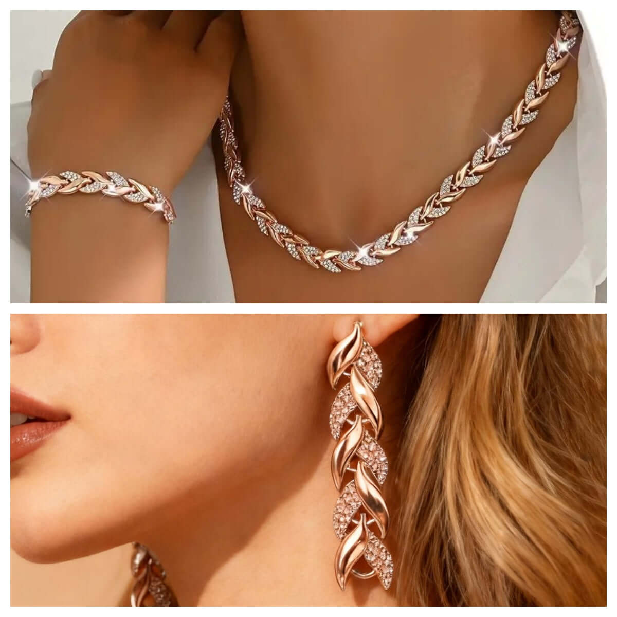 Rhinestone leaf necklace and bracelet set with matching rose gold leaf earrings, close view.