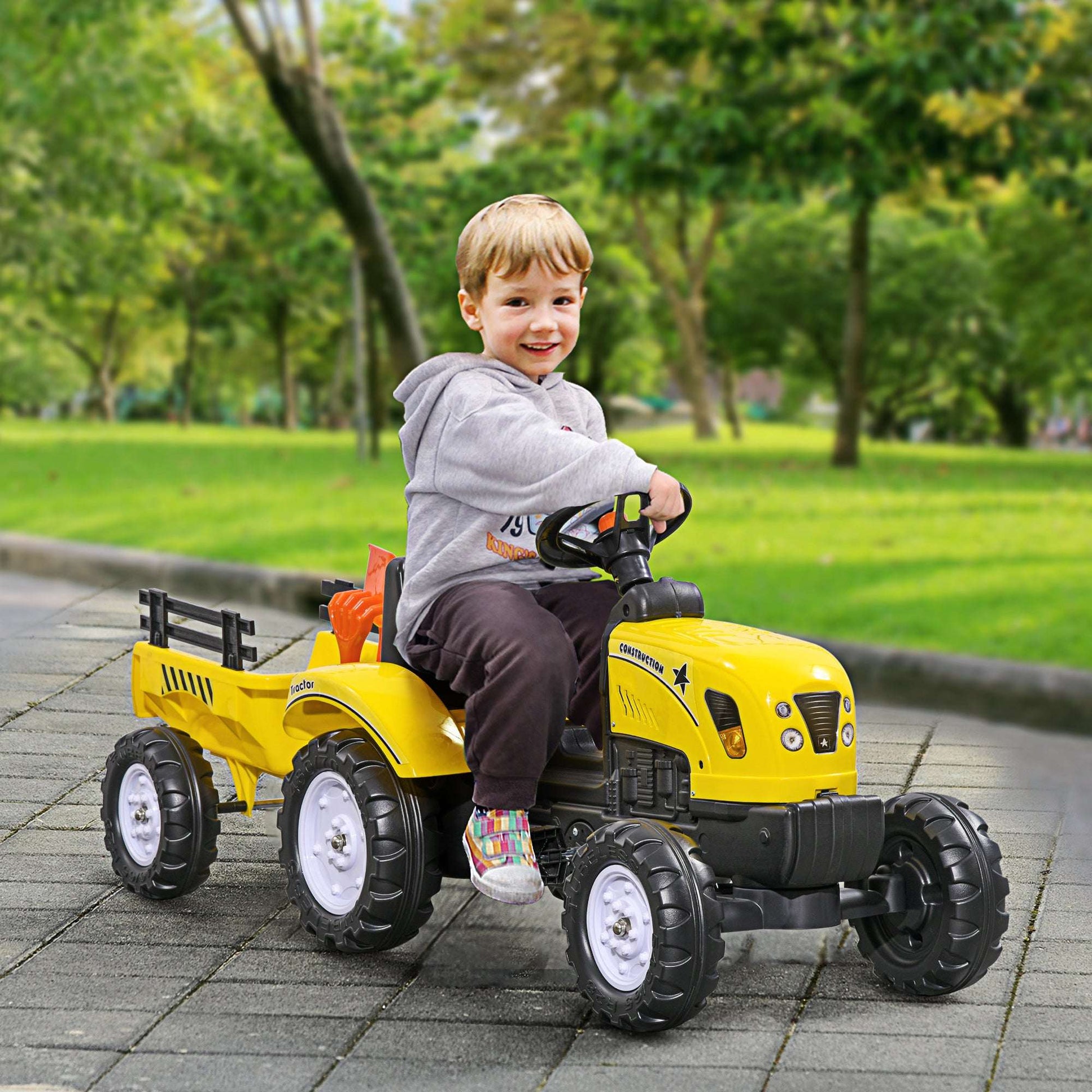Kids Ride-On Tractor with Trailer & Garden Tools - Yellow Pedal Kart Kids Ride on Tractor with Back Trailer, | Ectron Online