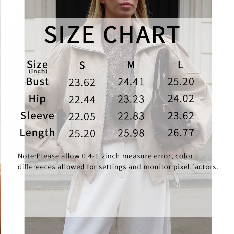Size chart overlay on a person wearing a white outfit with measurements displayed.